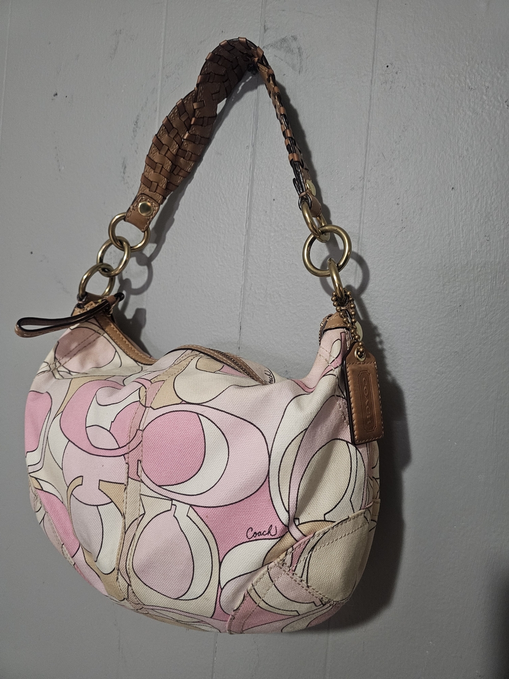 Coach Optic Y2k  Pink Signature Canvas Hobo Bag with Woven Leather Strap.